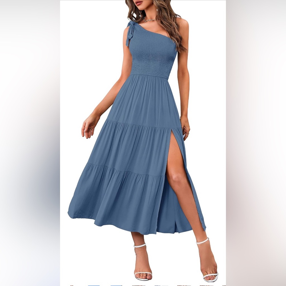 MEROKEETY One Shoulder Sleeveless Knot Smocked Split Tiered Flowy Midi Dress - Picture 1 of 14